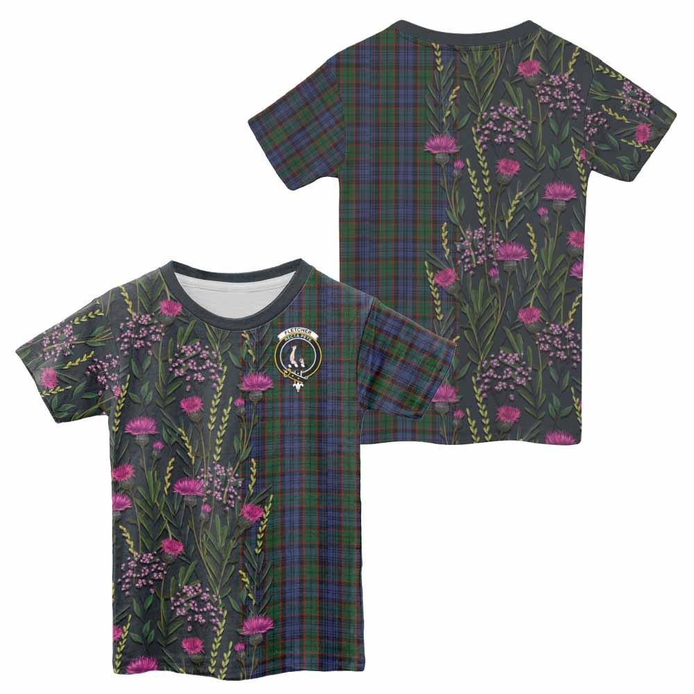 Fletcher Family Crest Tartan Kid T-shirt Scottish Thistle Flower Pattern Half Style - Tartan Vibes Clothing