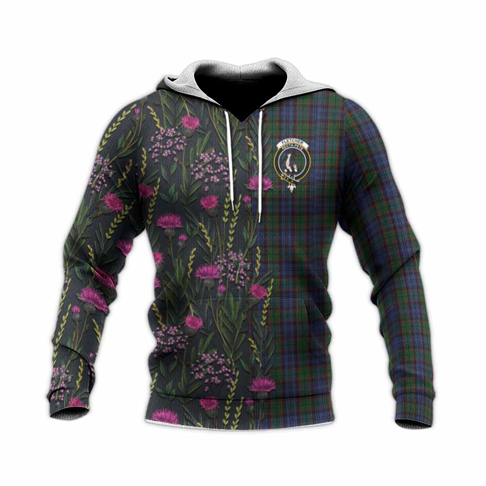 Fletcher Family Crest Tartan Knitted Hoodie Scottish Thistle Flower Pattern Half Style - Tartan Vibes Clothing