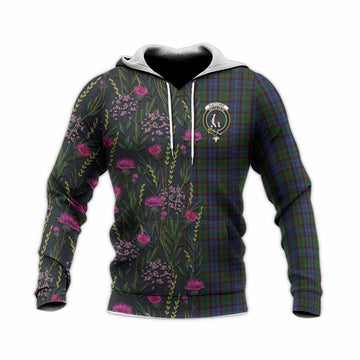 Fletcher Family Crest Tartan Knitted Hoodie Scottish Thistle Flower Pattern Half Style