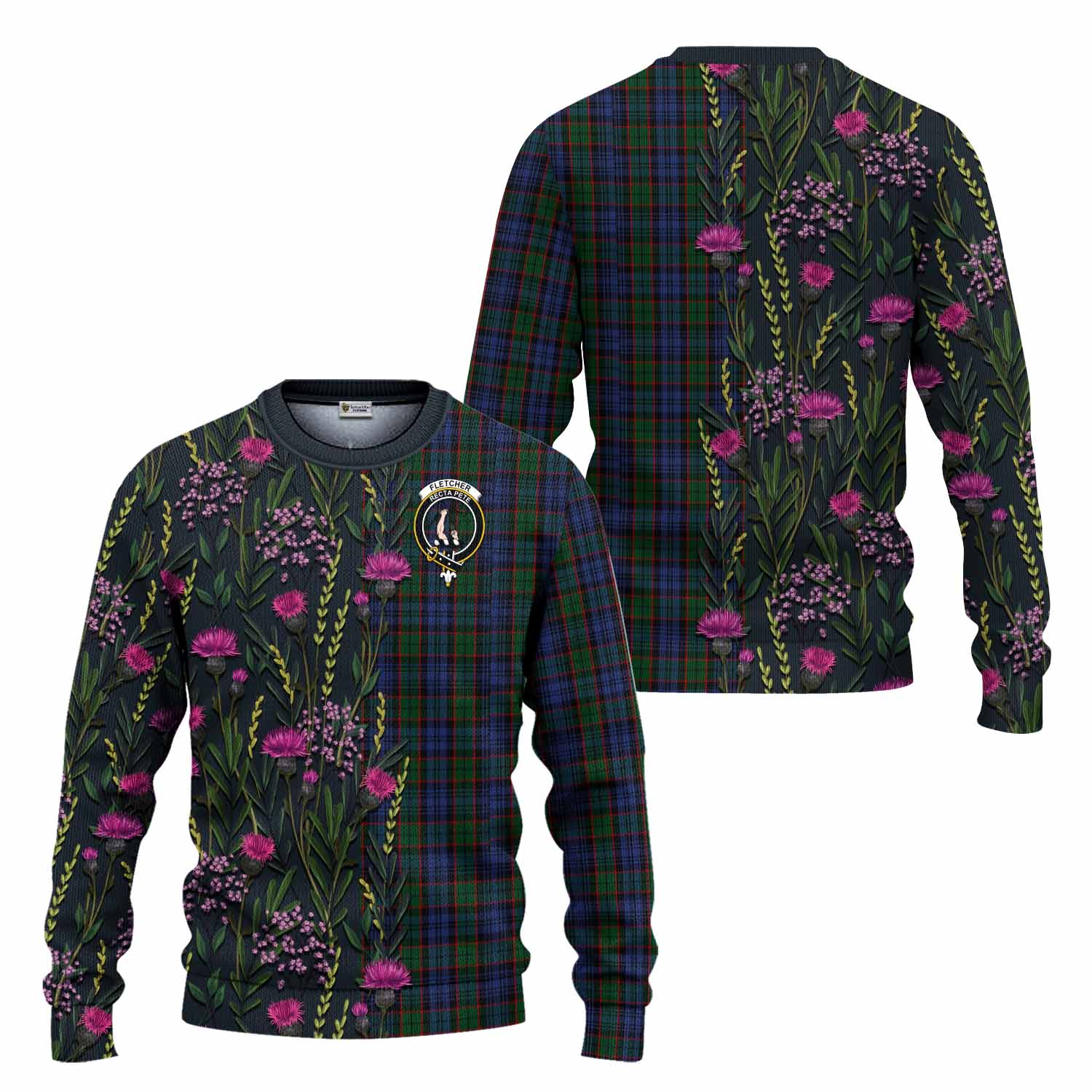 Fletcher Family Crest Tartan Knitted Sweater Scottish Thistle Flower Pattern Half Style - Tartan Vibes Clothing