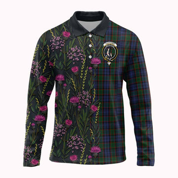 Fletcher Family Crest Tartan Long Sleeve Polo Shirt Scottish Thistle Flower Pattern Half Style