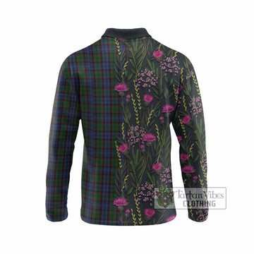 Fletcher Family Crest Tartan Long Sleeve Polo Shirt Scottish Thistle Flower Pattern Half Style