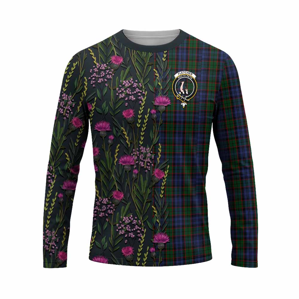 Fletcher Family Crest Tartan Long Sleeve T-Shirt Scottish Thistle Flower Pattern Half Style - Tartan Vibes Clothing
