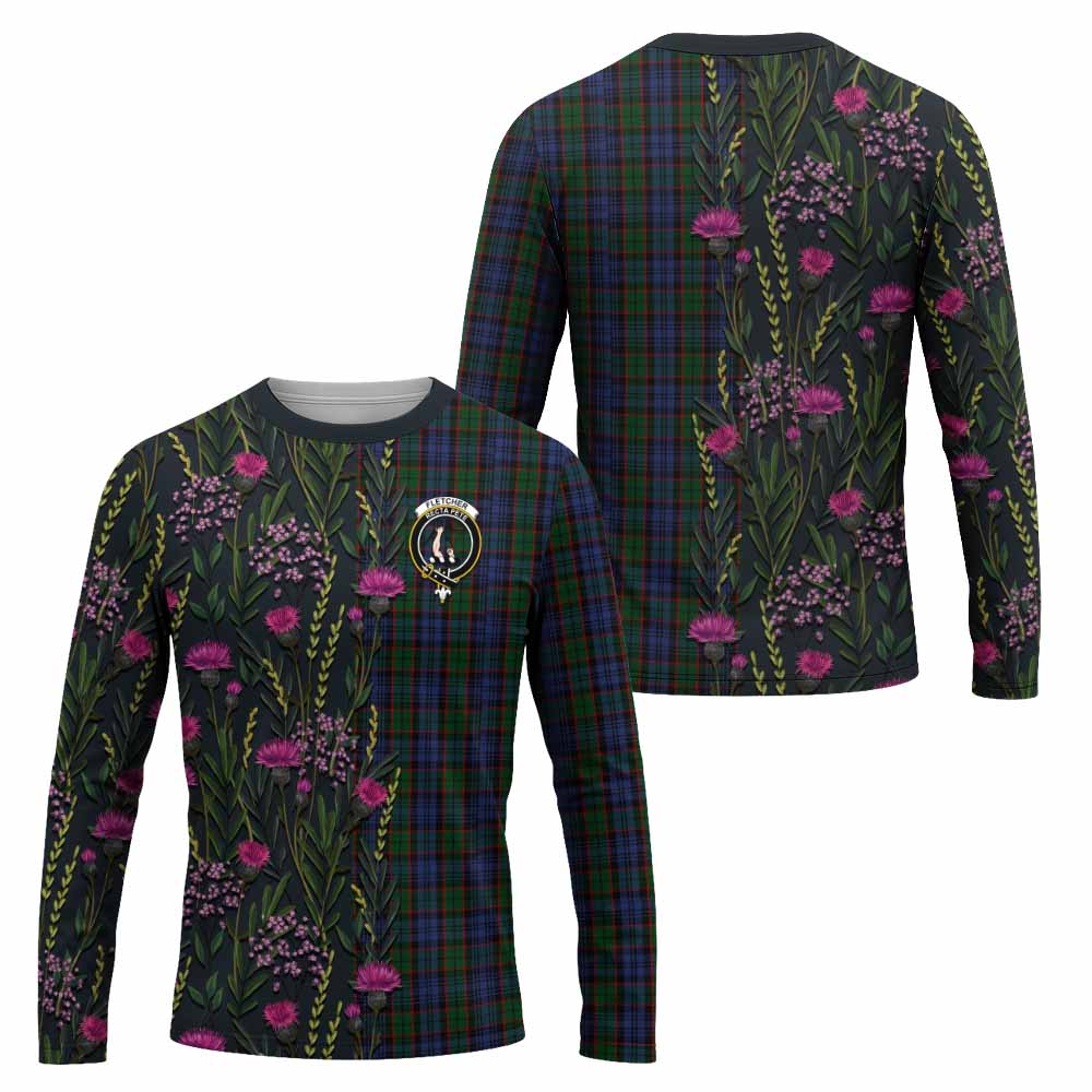 Fletcher Family Crest Tartan Long Sleeve T-Shirt Scottish Thistle Flower Pattern Half Style - Tartan Vibes Clothing