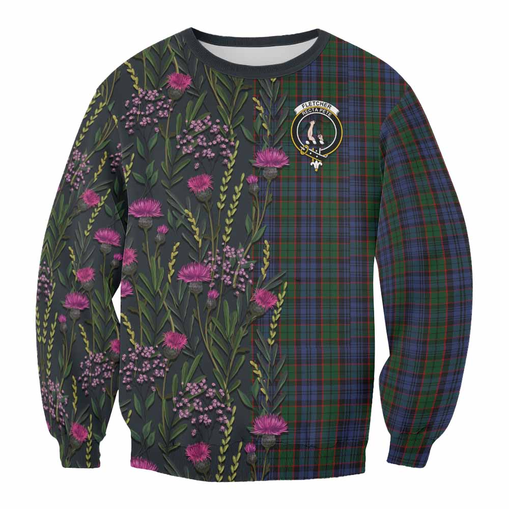Fletcher Family Crest Tartan Sweatshirt Scottish Thistle Flower Pattern Half Style - Tartan Vibes Clothing