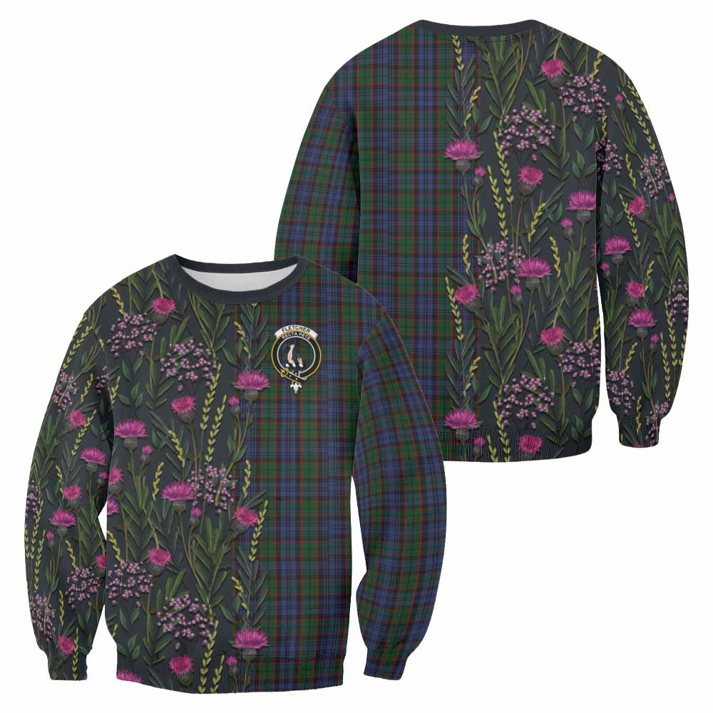 Fletcher Family Crest Tartan Sweatshirt Scottish Thistle Flower Pattern Half Style - Tartan Vibes Clothing