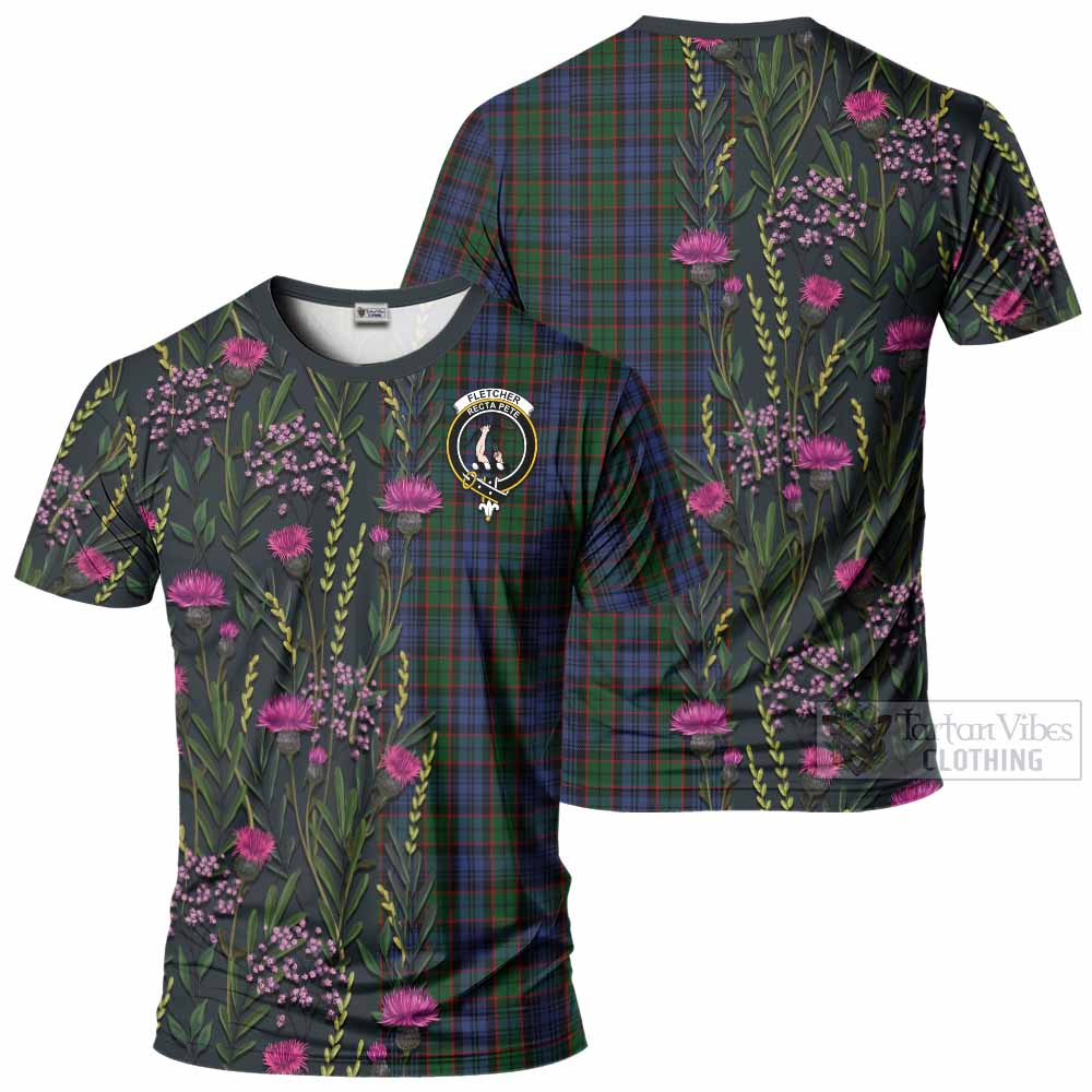Fletcher Family Crest Tartan T-Shirt Scottish Thistle Flower Pattern Half Style - Tartan Vibes Clothing