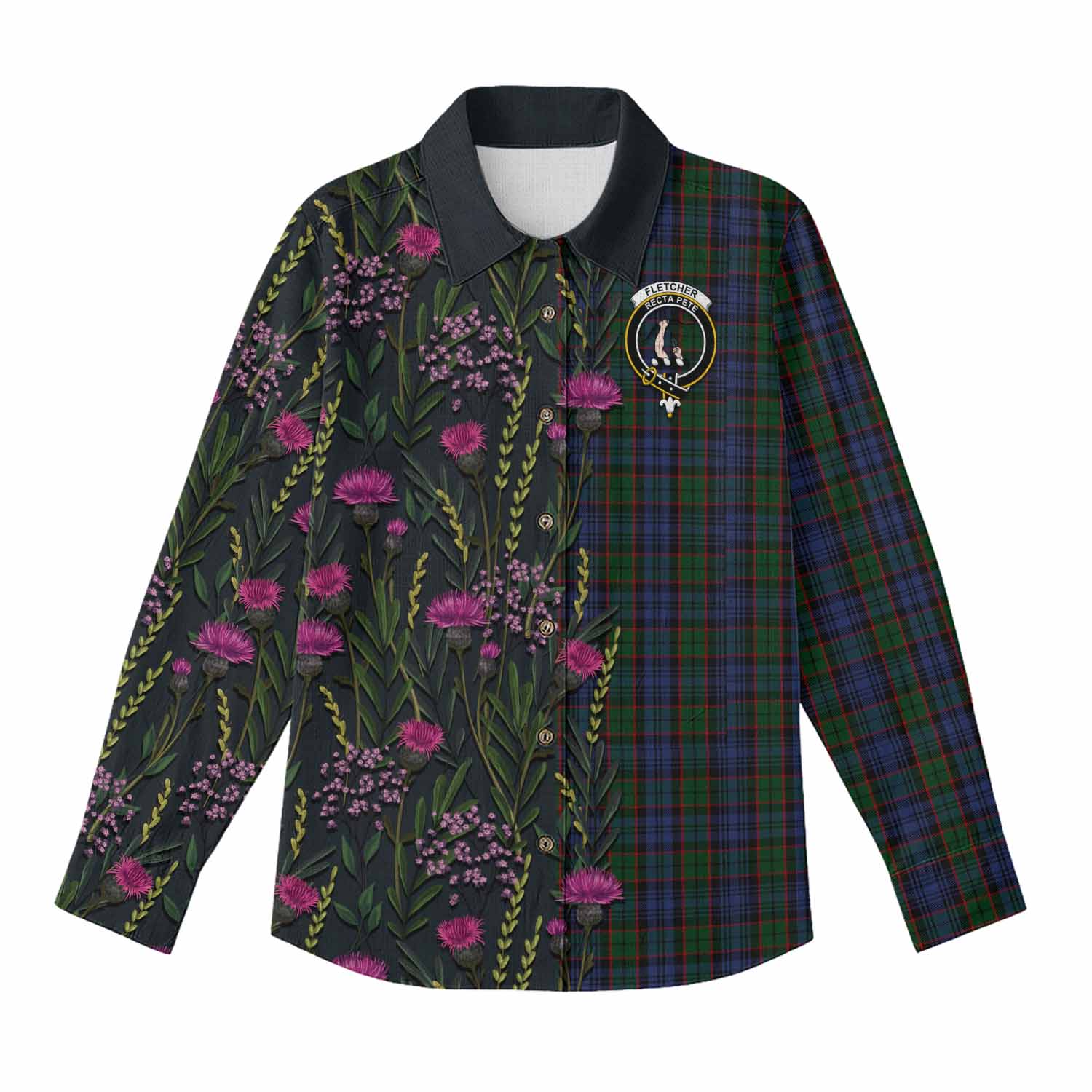 Fletcher Family Crest Tartan Women Casual Shirt Scottish Thistle Flower Pattern Half Style - Tartan Vibes Clothing