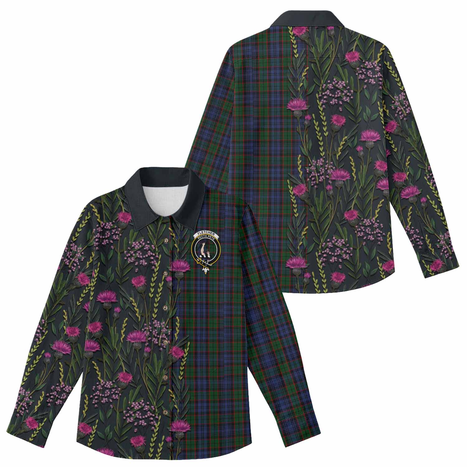 Fletcher Family Crest Tartan Women Casual Shirt Scottish Thistle Flower Pattern Half Style - Tartan Vibes Clothing