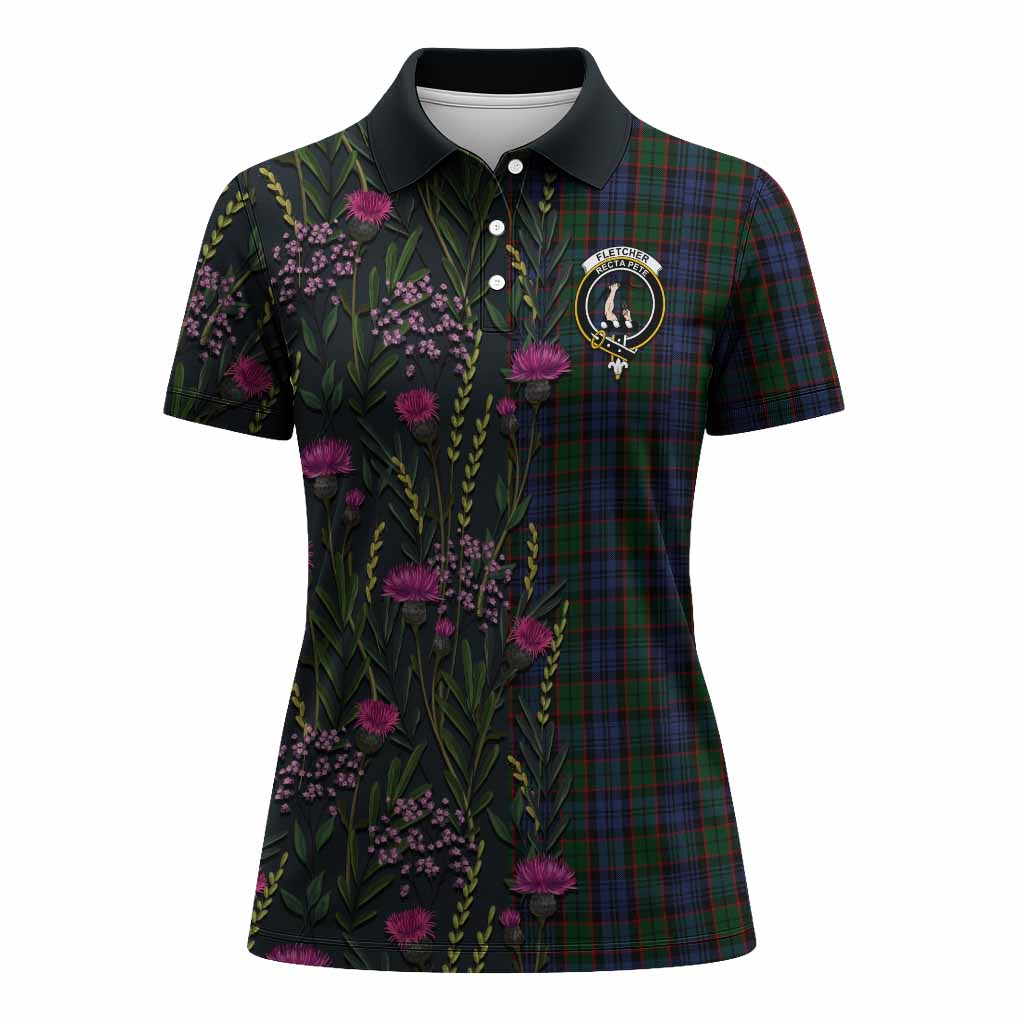 Fletcher Family Crest Tartan Women Polo Shirt Scottish Thistle Flower Pattern Half Style - Tartan Vibes Clothing