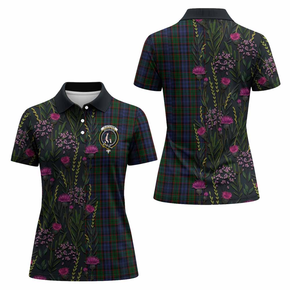 Fletcher Family Crest Tartan Women Polo Shirt Scottish Thistle Flower Pattern Half Style - Tartan Vibes Clothing