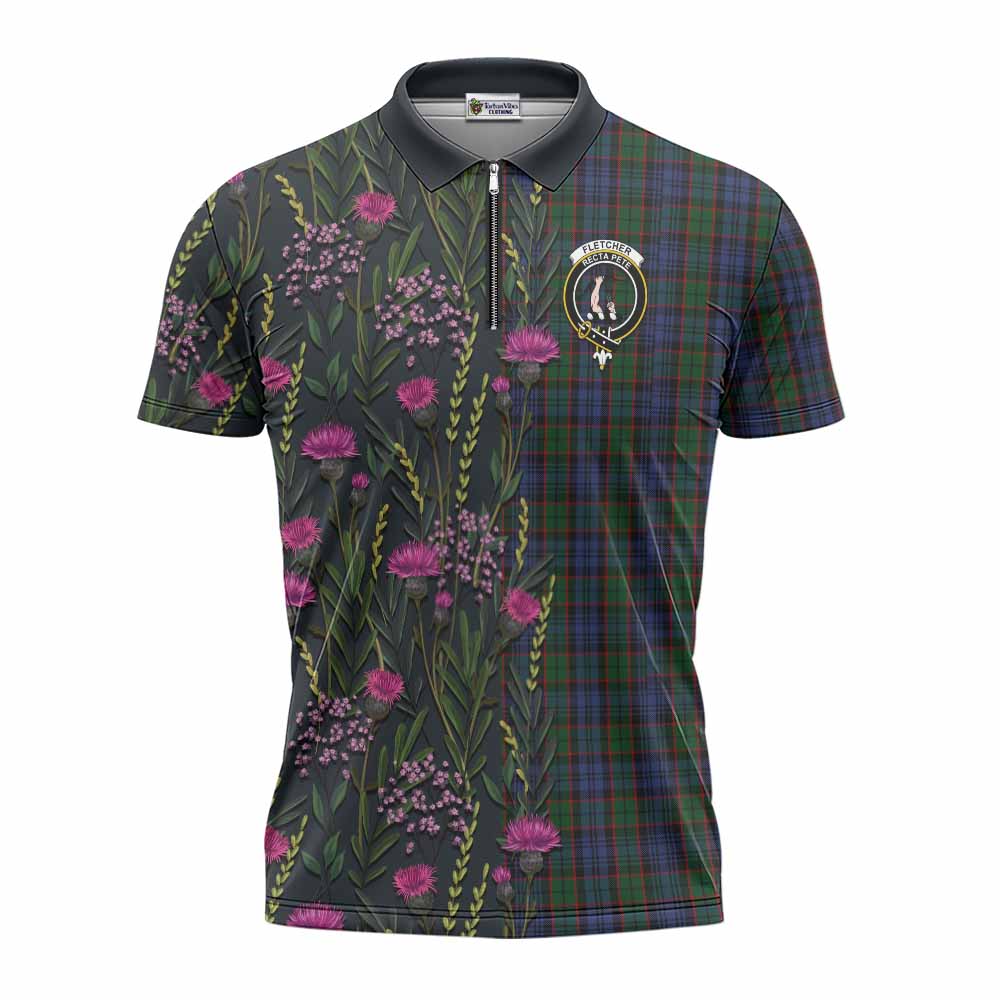 Fletcher Family Crest Tartan Zipper Polo Shirt Scottish Thistle Flower Pattern Half Style - Tartan Vibes Clothing