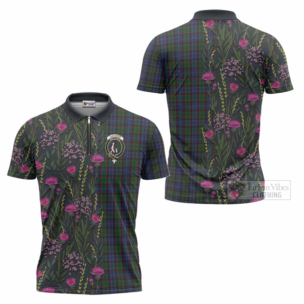 Fletcher Family Crest Tartan Zipper Polo Shirt Scottish Thistle Flower Pattern Half Style - Tartan Vibes Clothing