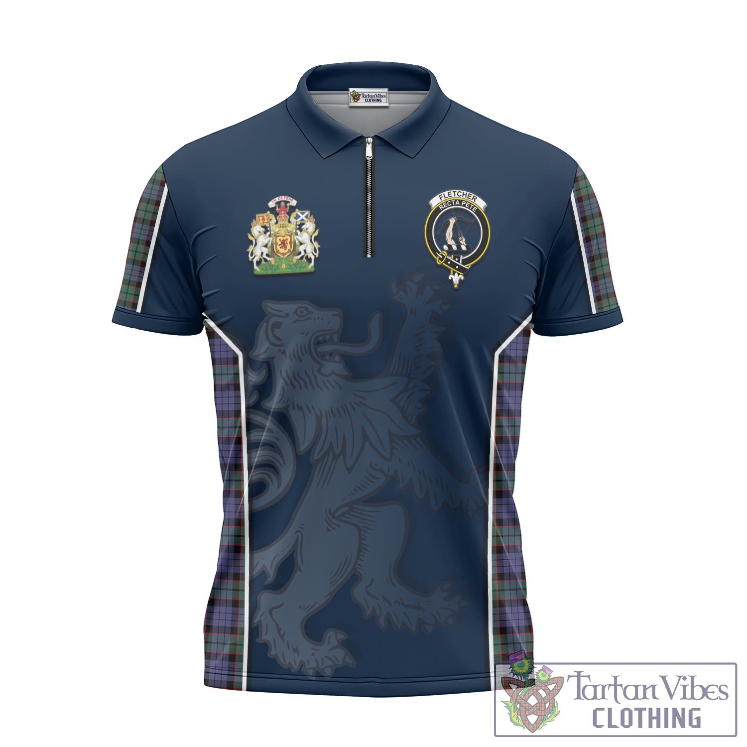 Tartan Vibes Clothing Fletcher Modern Tartan Zipper Polo Shirt with Family Crest and Lion Rampant Vibes Sport Style