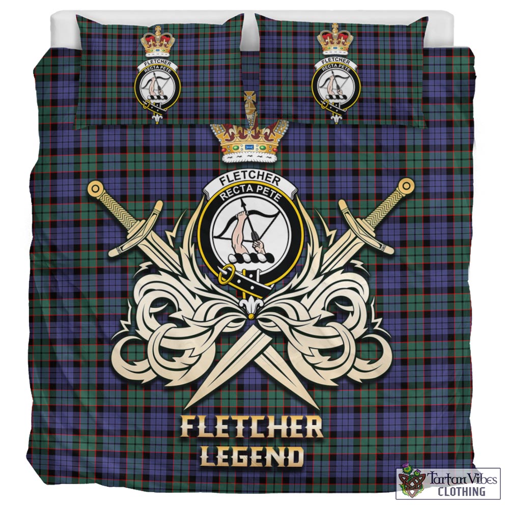 Tartan Vibes Clothing Fletcher Modern Tartan Bedding Set with Clan Crest and the Golden Sword of Courageous Legacy