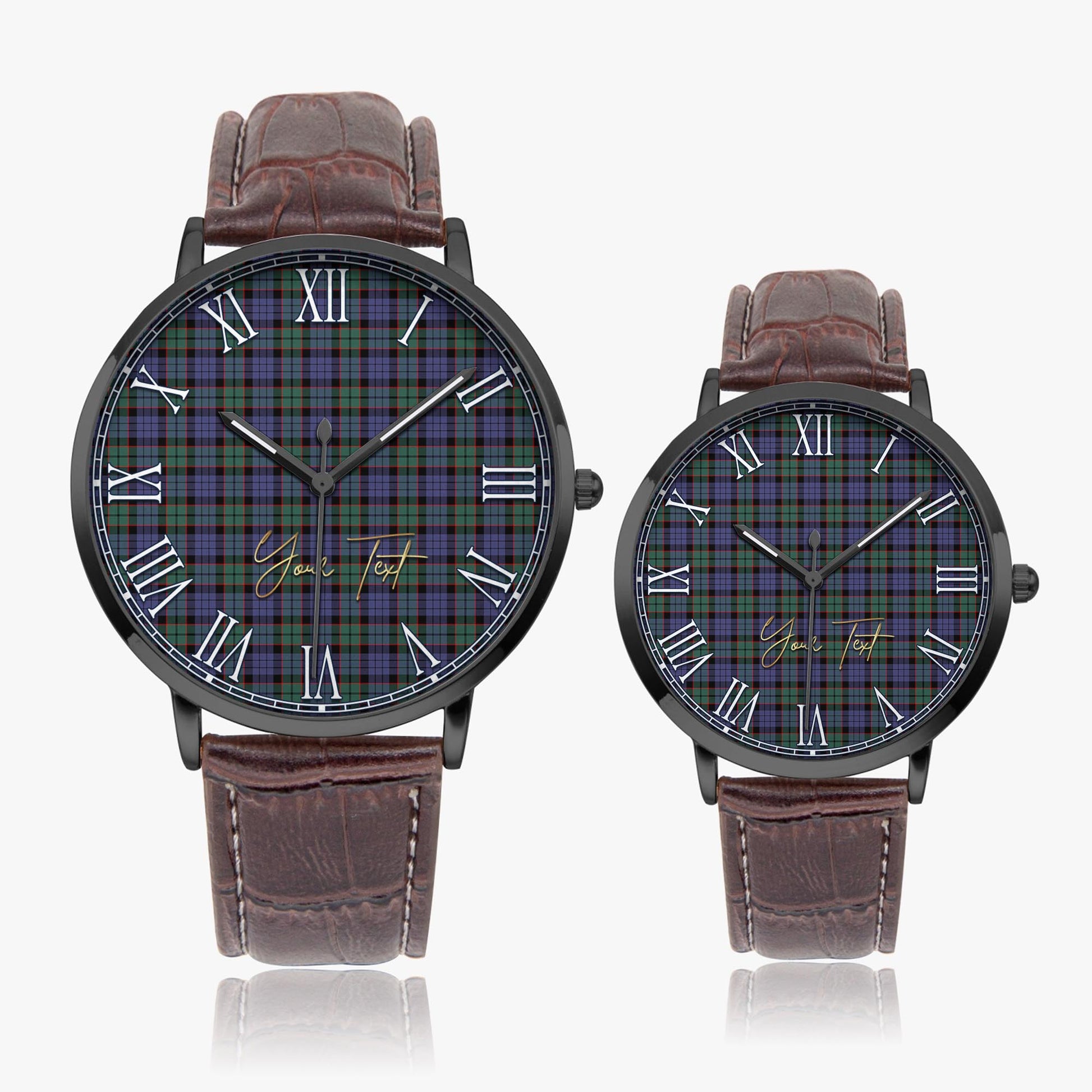 Fletcher Modern Tartan Personalized Your Text Leather Trap Quartz Watch Ultra Thin Black Case With Brown Leather Strap - Tartanvibesclothing