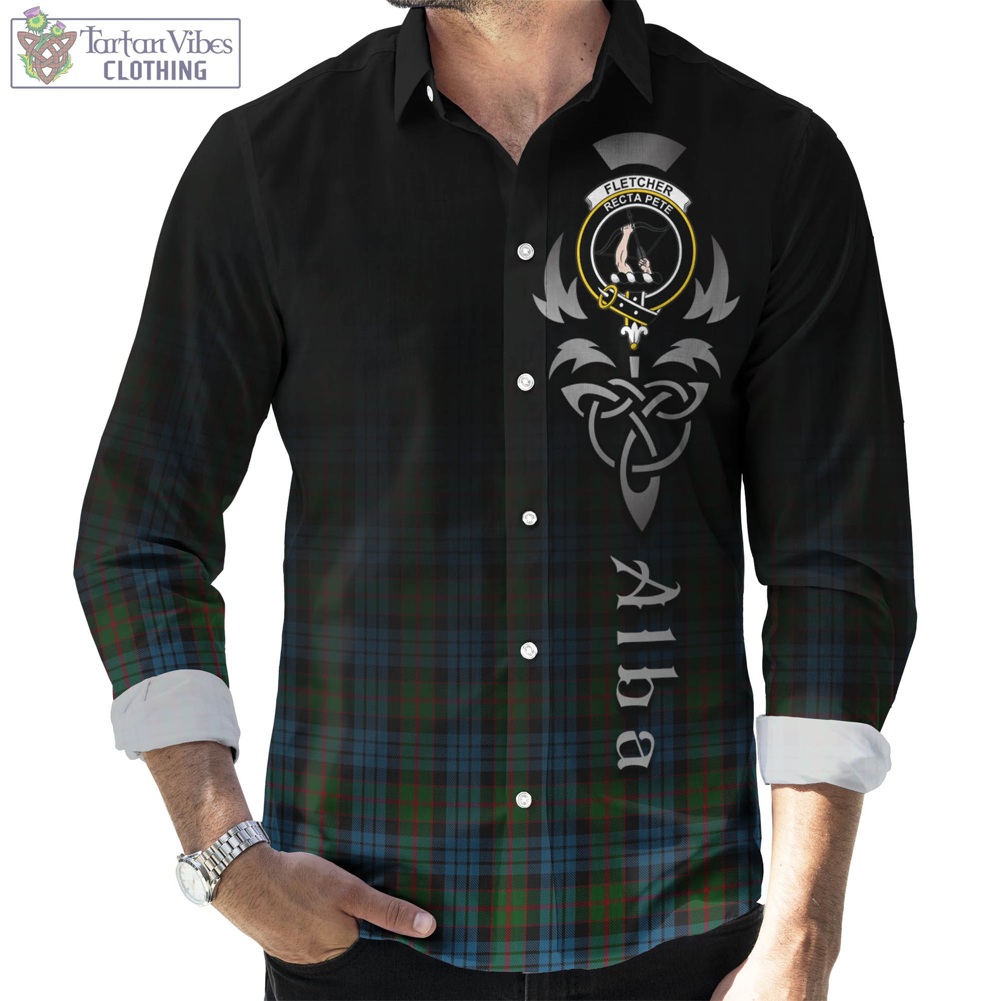 Tartan Vibes Clothing Fletcher of Dunans Tartan Long Sleeve Button Up Featuring Alba Gu Brath Family Crest Celtic Inspired
