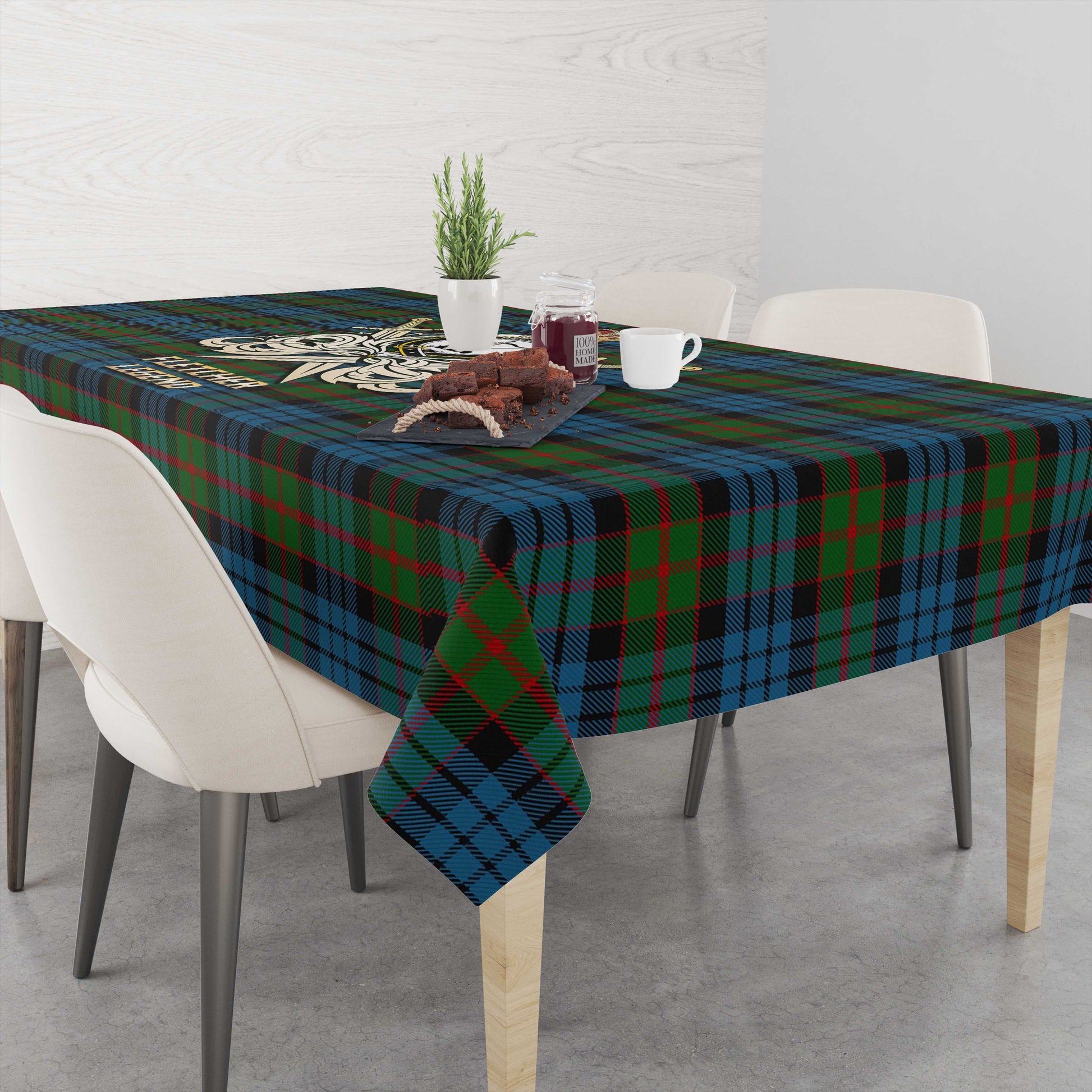 Tartan Vibes Clothing Fletcher of Dunans Tartan Tablecloth with Clan Crest and the Golden Sword of Courageous Legacy