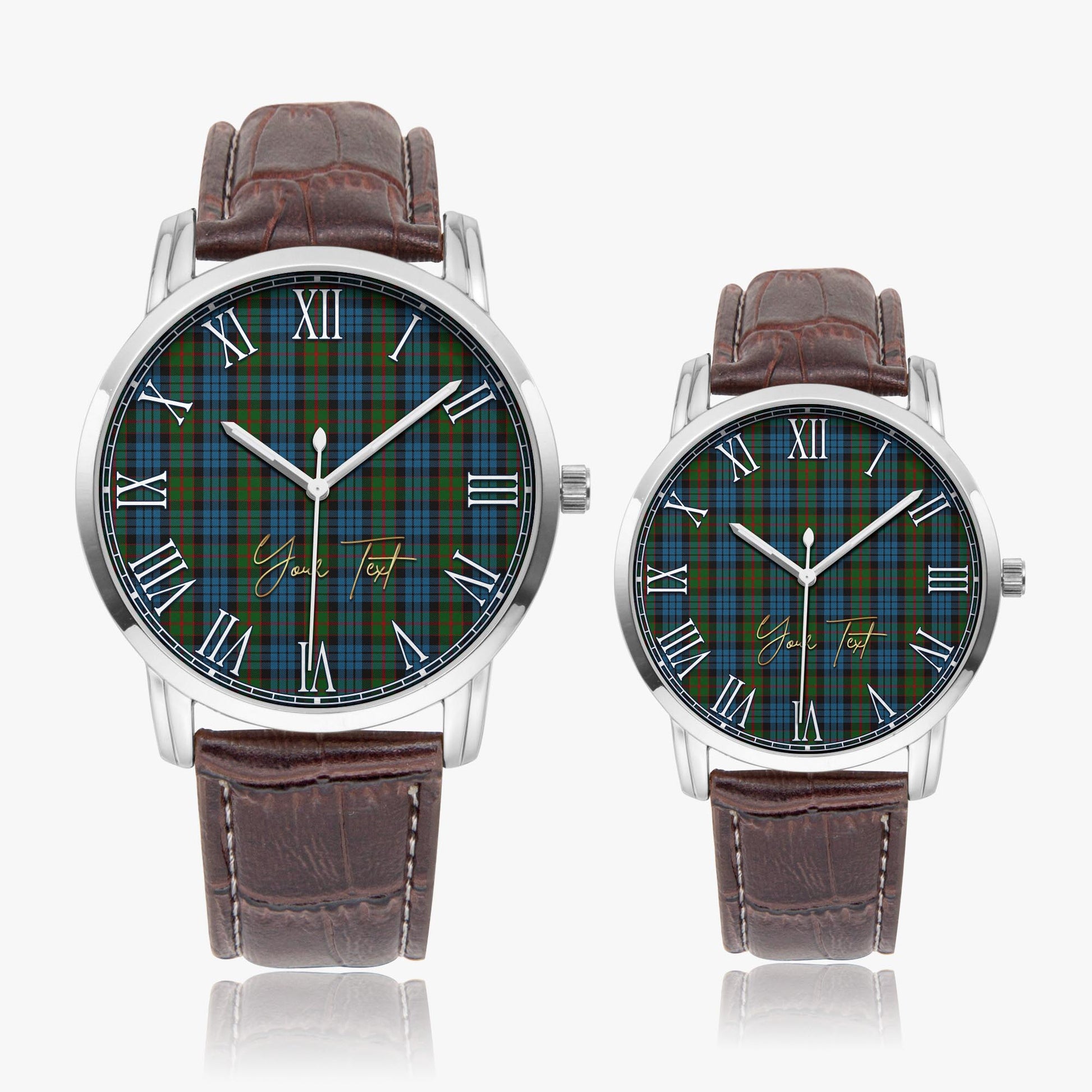 Fletcher of Dunans Tartan Personalized Your Text Leather Trap Quartz Watch Wide Type Silver Case With Brown Leather Strap - Tartanvibesclothing