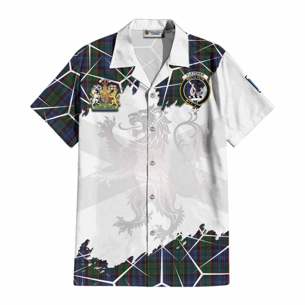 Fletcher Tartan Cotton Hawaiian Shirt with Family Crest and Lion Rampant Grunge Style