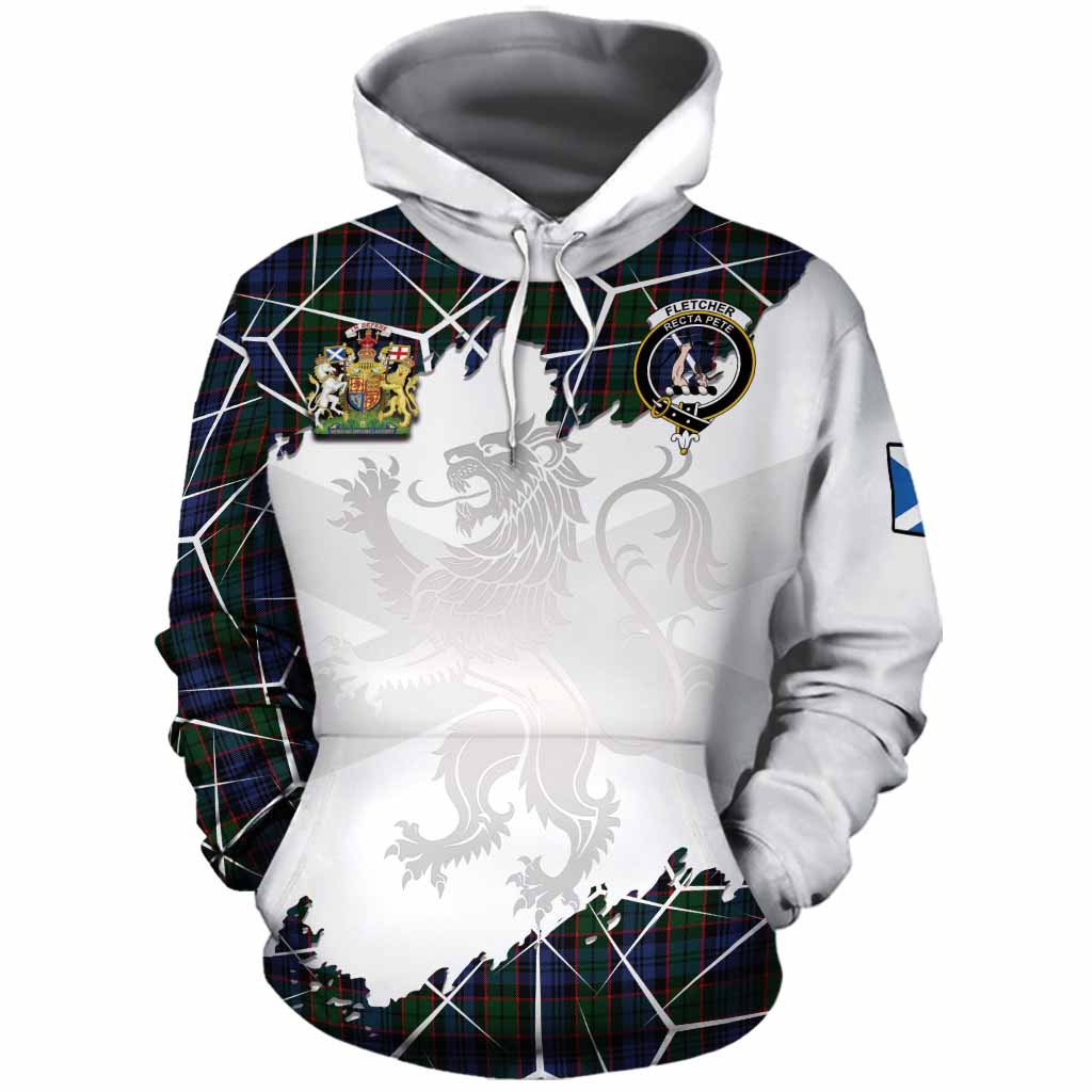 Fletcher Tartan Cotton Hoodie with Family Crest and Lion Rampant Grunge Style
