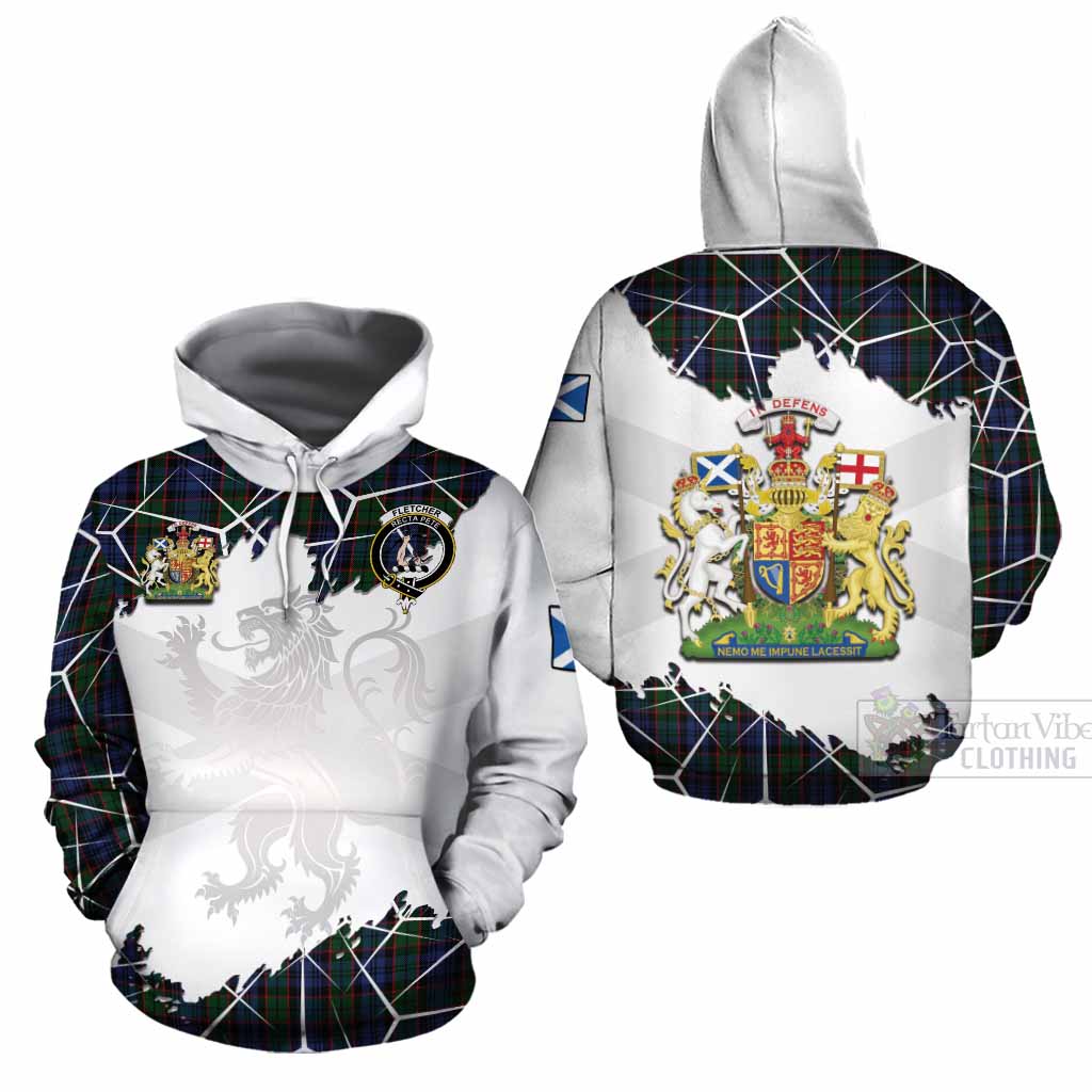 Fletcher Tartan Cotton Hoodie with Family Crest and Lion Rampant Grunge Style