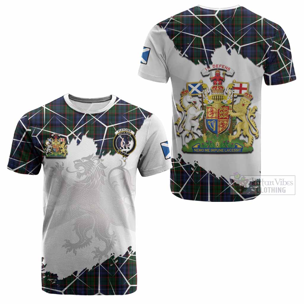 Fletcher Tartan Cotton T-shirt with Family Crest and Lion Rampant Grunge Style