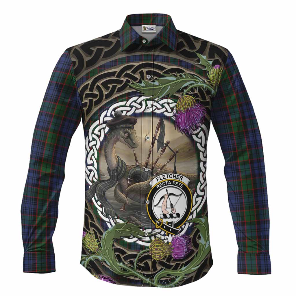 Fletcher Tartan Crest Bagpipe Nessie Long Sleeve Button Shirts Scottish Loch Ness Monster Celtic Thistle