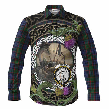 Fletcher Tartan Crest Bagpipe Nessie Long Sleeve Button Shirts Scottish Loch Ness Monster Celtic Thistle