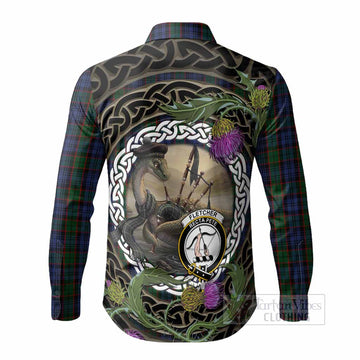 Fletcher Tartan Crest Bagpipe Nessie Long Sleeve Button Shirts Scottish Loch Ness Monster Celtic Thistle