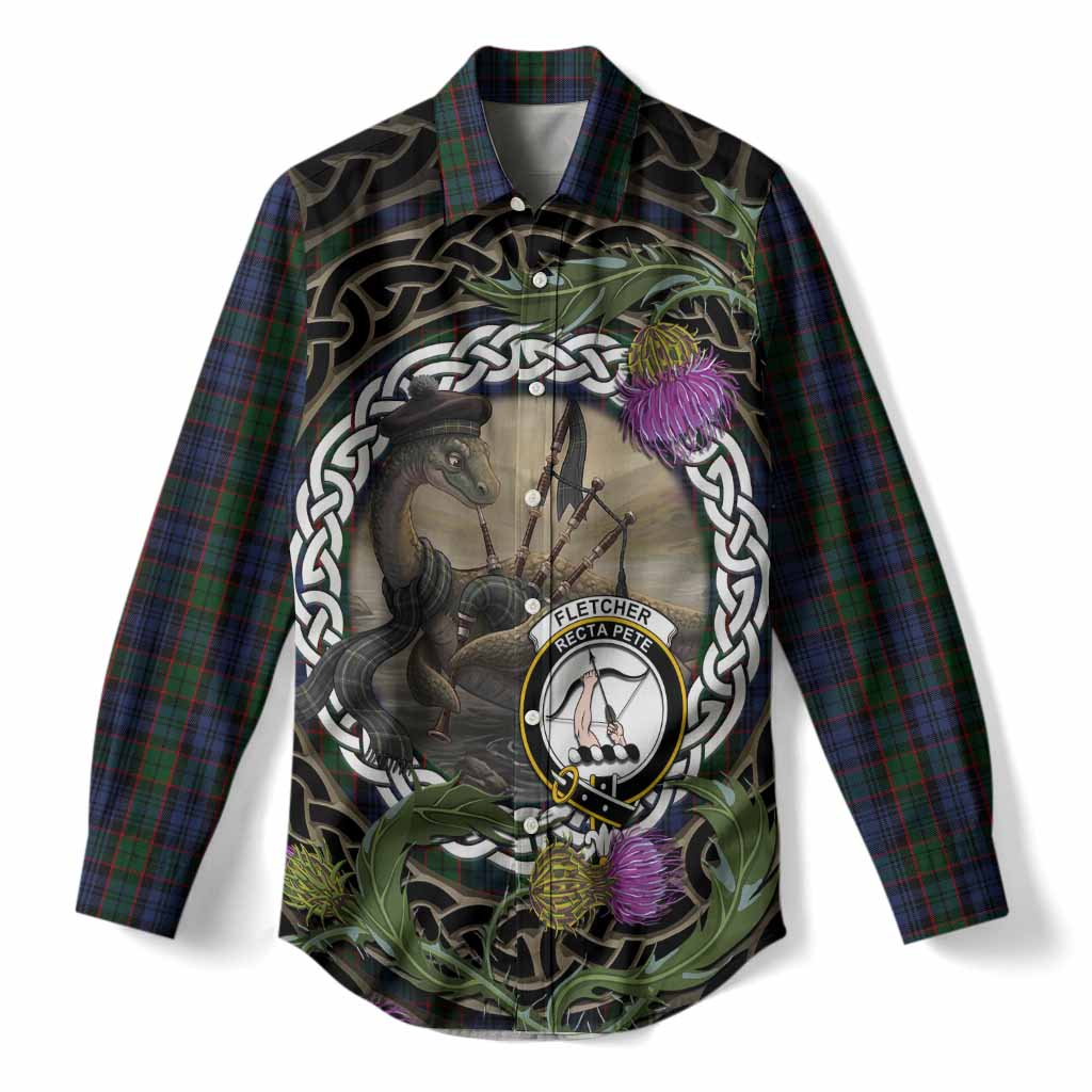 Fletcher Tartan Crest Bagpipe Nessie Women Casual Shirt Scottish Loch Ness Monster Celtic Thistle