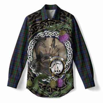 Fletcher Tartan Crest Bagpipe Nessie Women Casual Shirt Scottish Loch Ness Monster Celtic Thistle