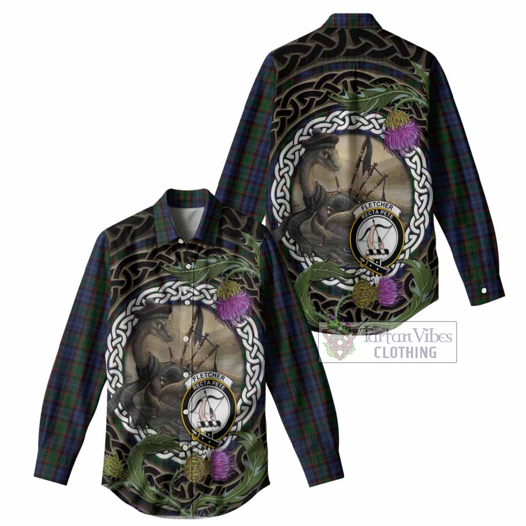 Fletcher Tartan Crest Bagpipe Nessie Women Casual Shirt Scottish Loch Ness Monster Celtic Thistle