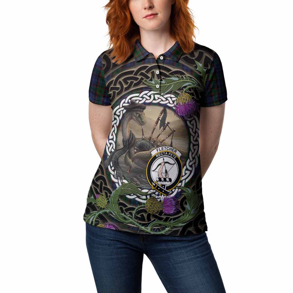 Fletcher Tartan Crest Bagpipe Nessie Women Polo Shirt Scottish Loch Ness Monster Celtic Thistle