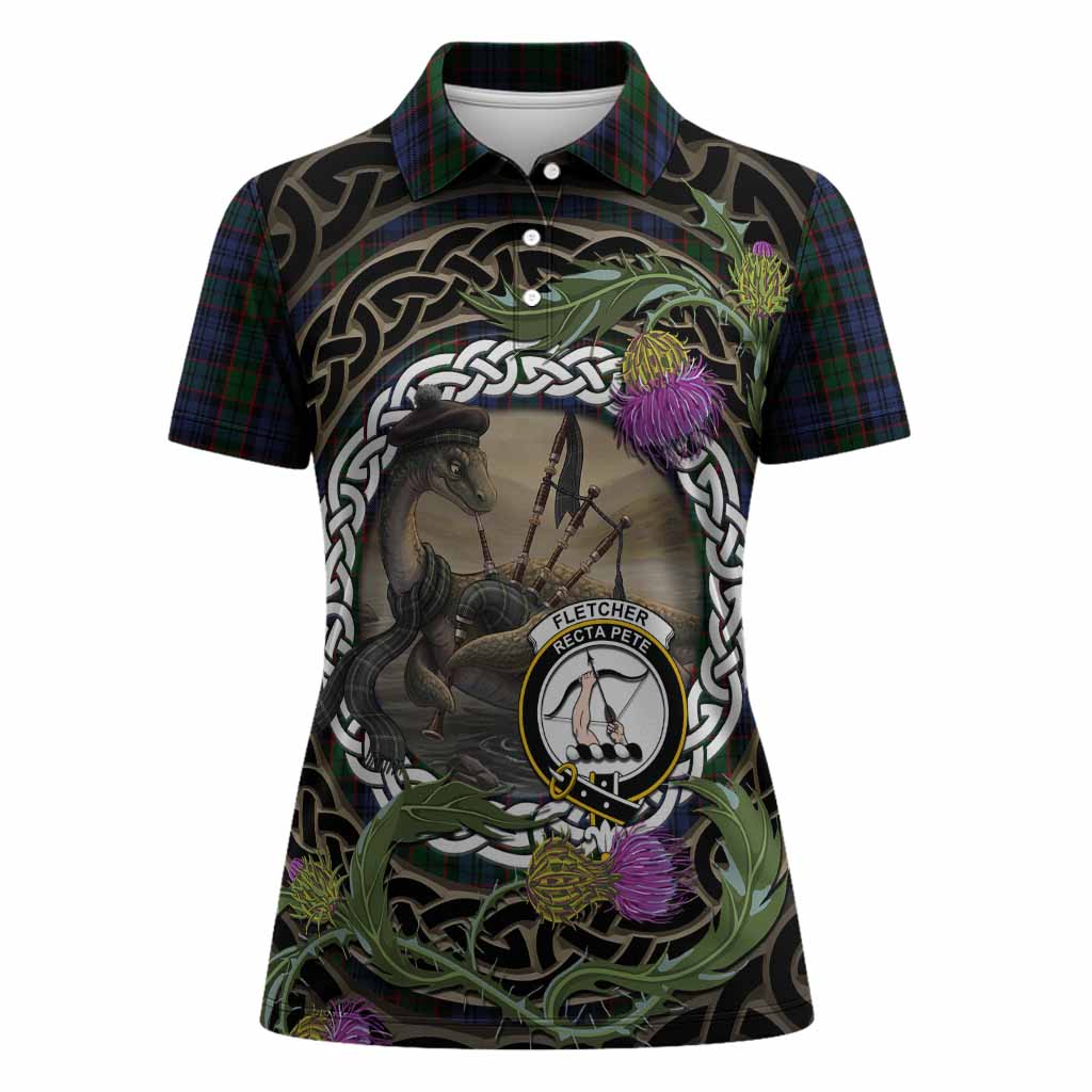 Fletcher Tartan Crest Bagpipe Nessie Women Polo Shirt Scottish Loch Ness Monster Celtic Thistle