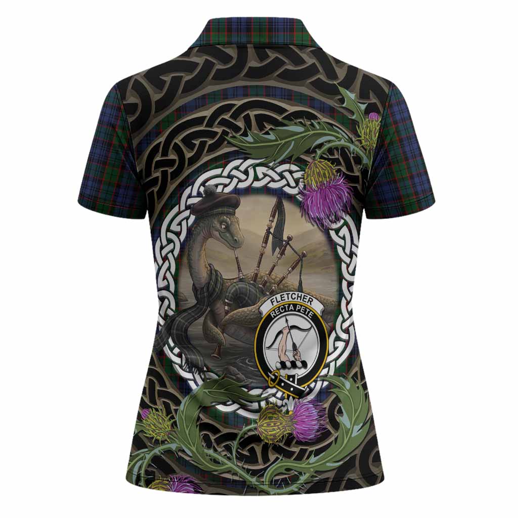 Fletcher Tartan Crest Bagpipe Nessie Women Polo Shirt Scottish Loch Ness Monster Celtic Thistle