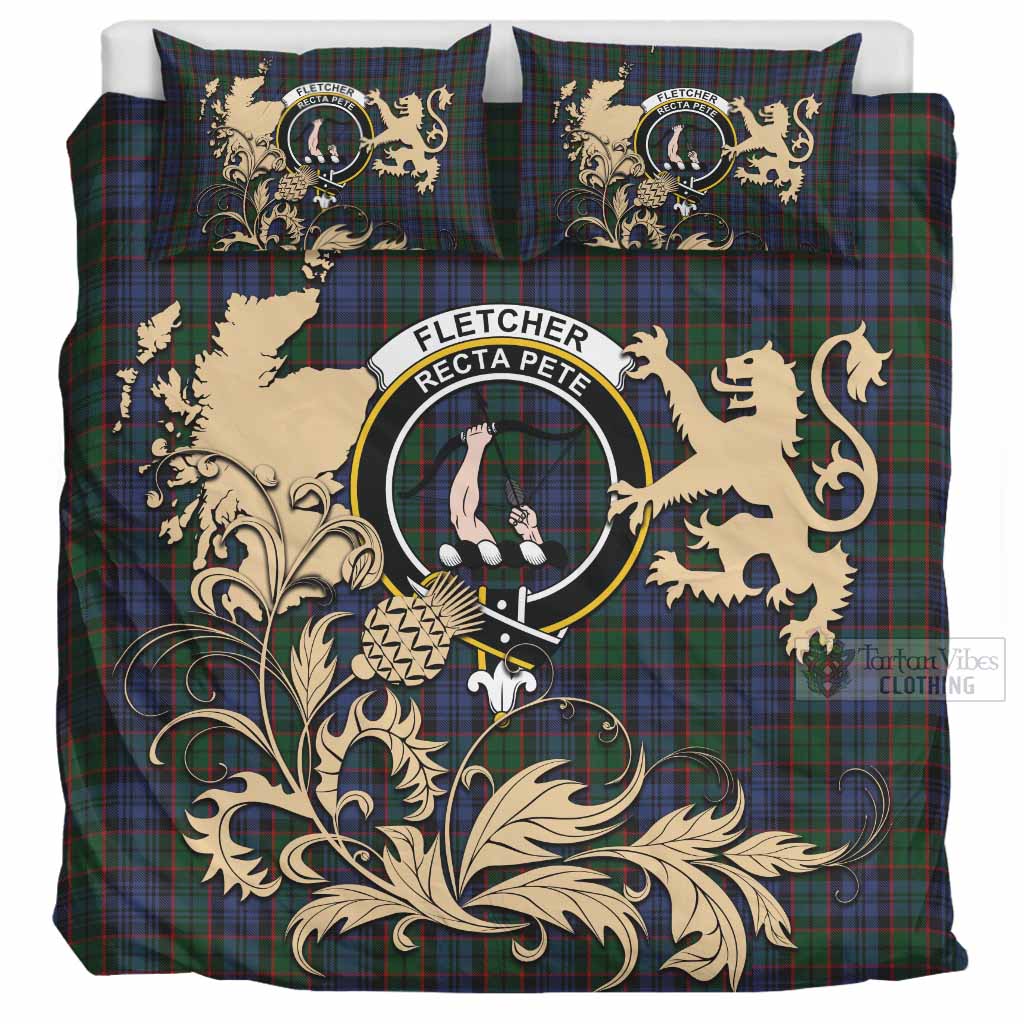 Fletcher Tartan Crest Bedding Set with Scottish Iconic Symbols 
