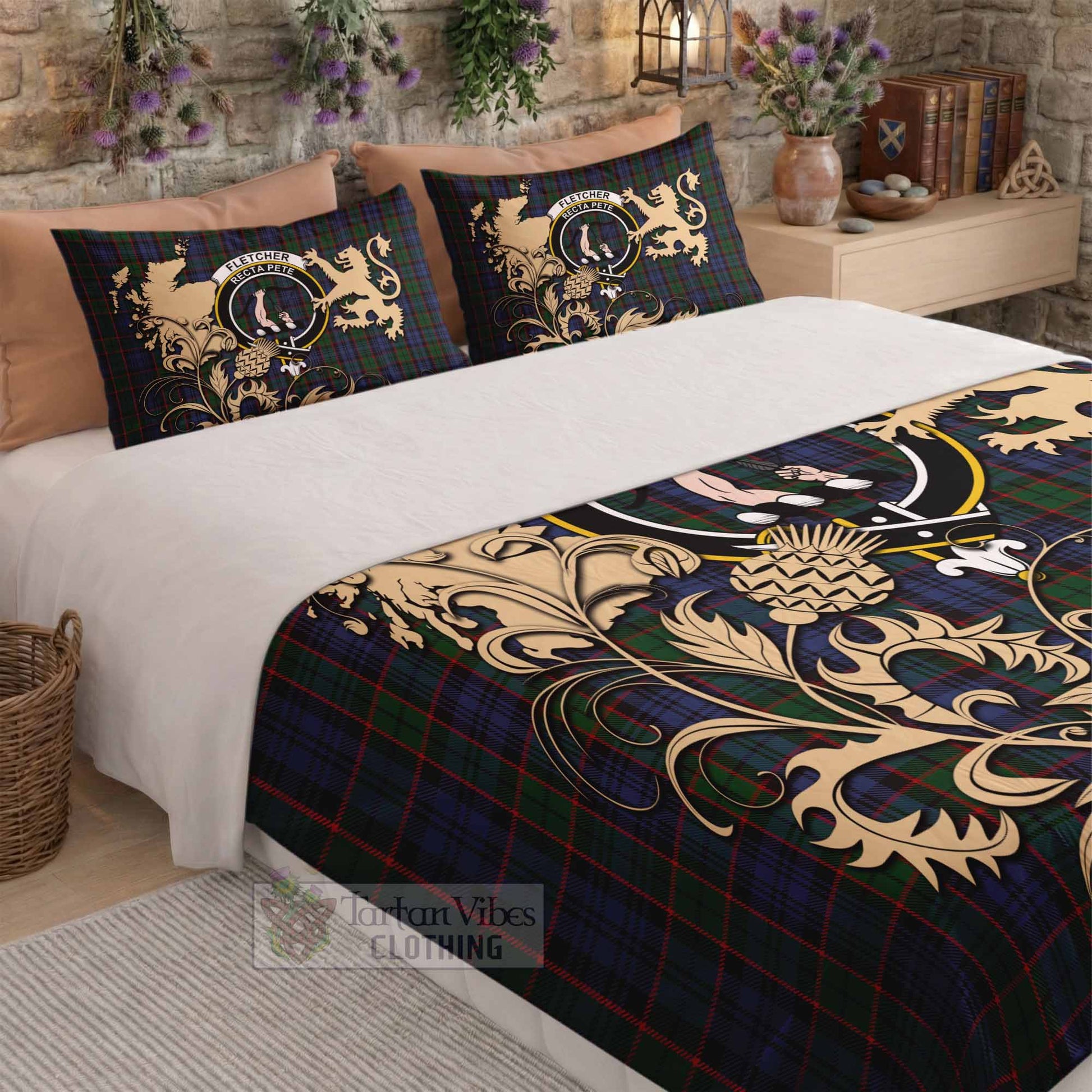 Fletcher Tartan Crest Bedding Set with Scottish Iconic Symbols 