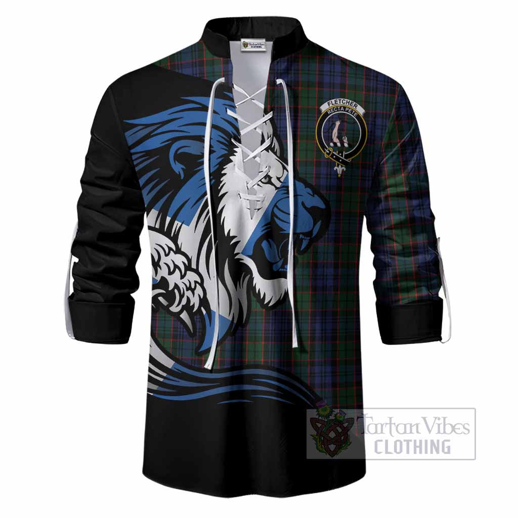Fletcher Tartan Crest Ghillie Shirt Scottish Golden Lions Wave Flow