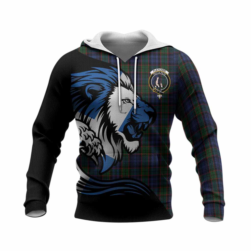 Fletcher Tartan Crest Knitted Hoodie Scottish Golden Lions Wave Flow
