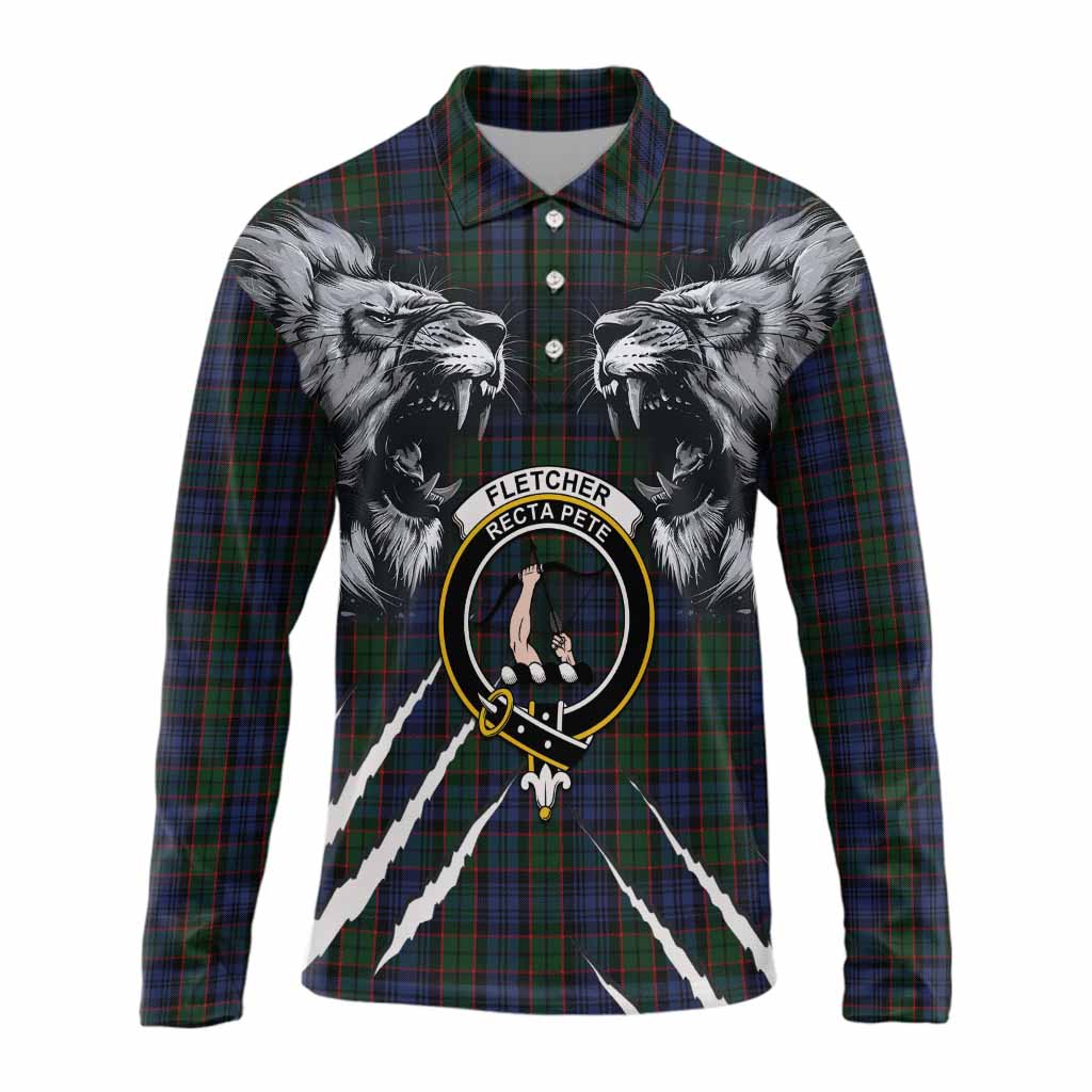 Fletcher Tartan Crest Long Sleeve Polo Shirt Ferocious Lion Style