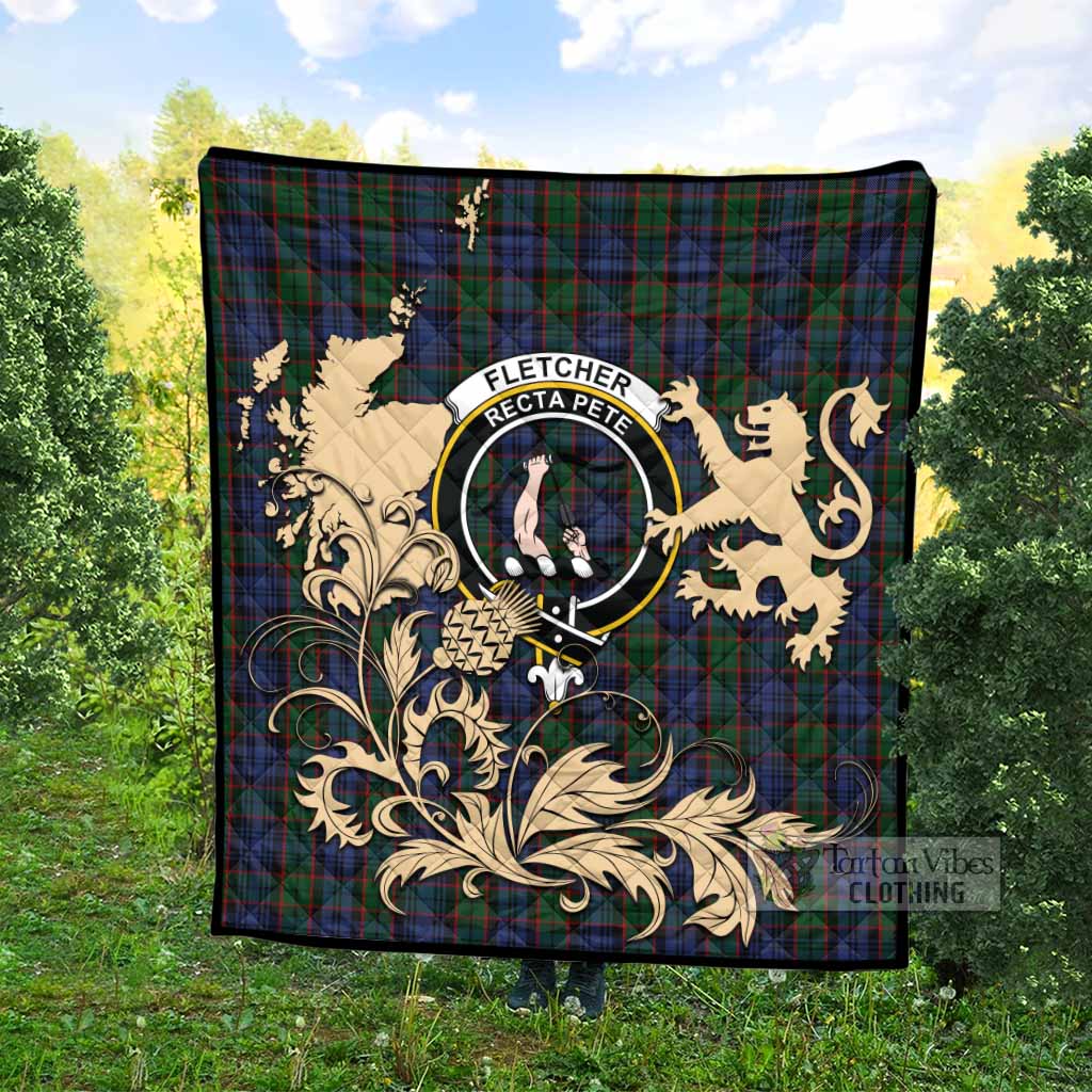 Fletcher Tartan Crest Premium Quilt with Scottish Iconic Symbols 