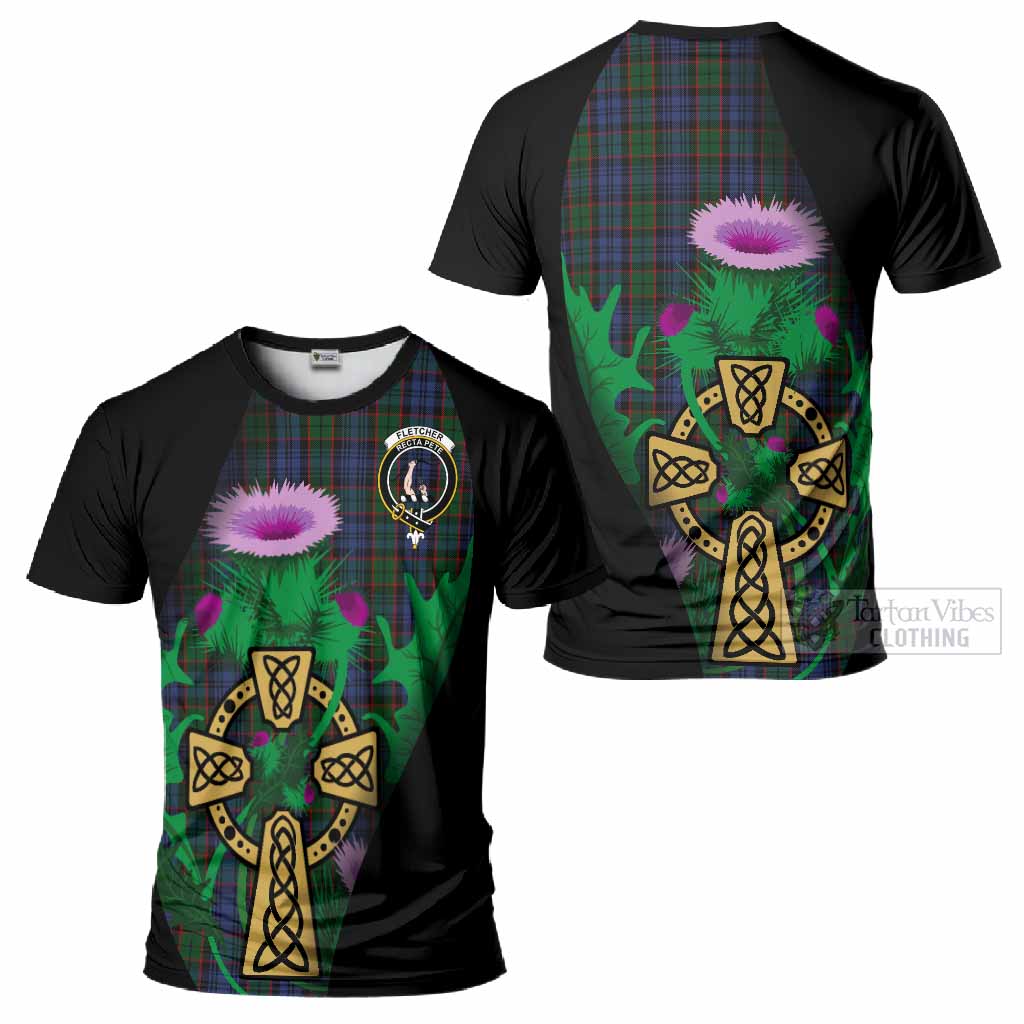Fletcher Tartan Crest T-Shirt Celtic Cross Thistle Flowers