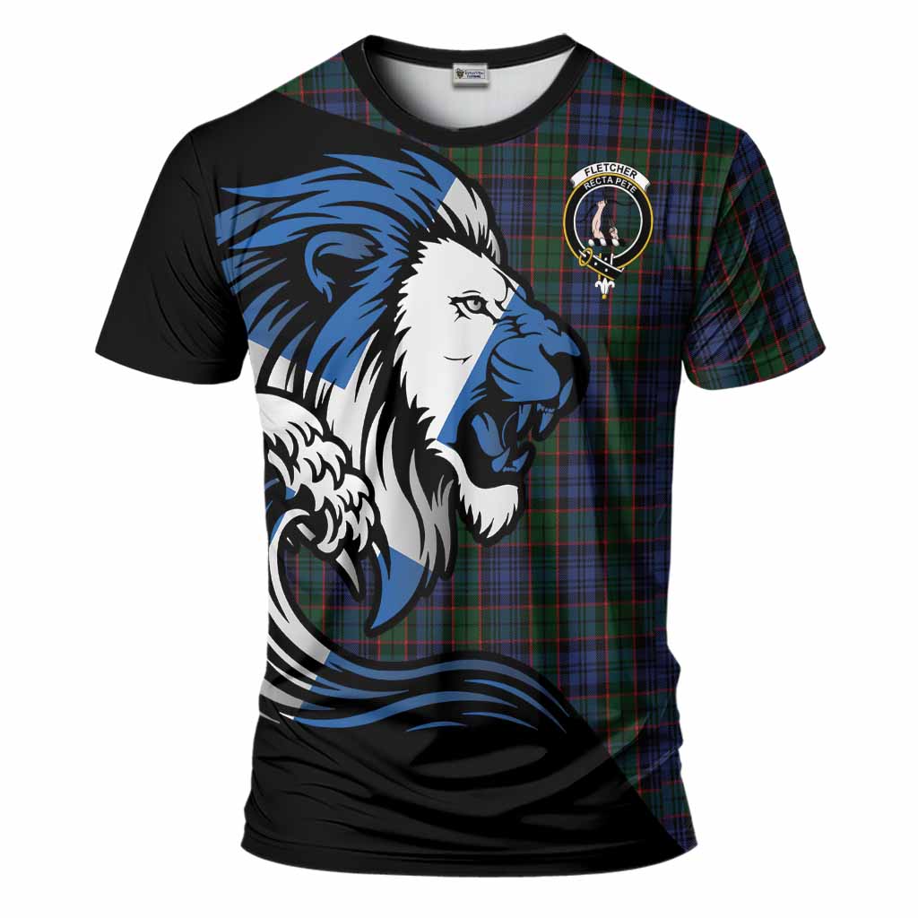 Fletcher Tartan Crest T-Shirt Scottish Golden Lions Wave Flow