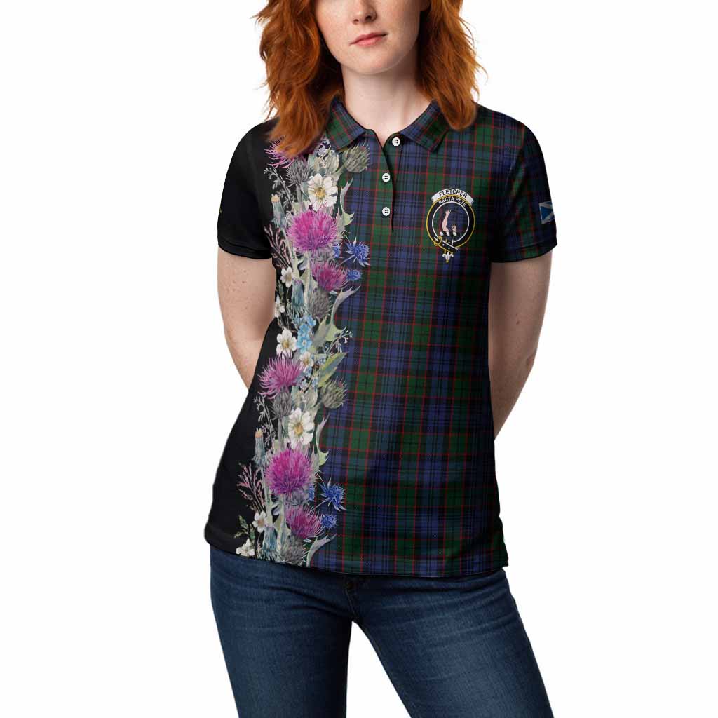 Fletcher Tartan Crest Thistle Floral Women Polo Shirt