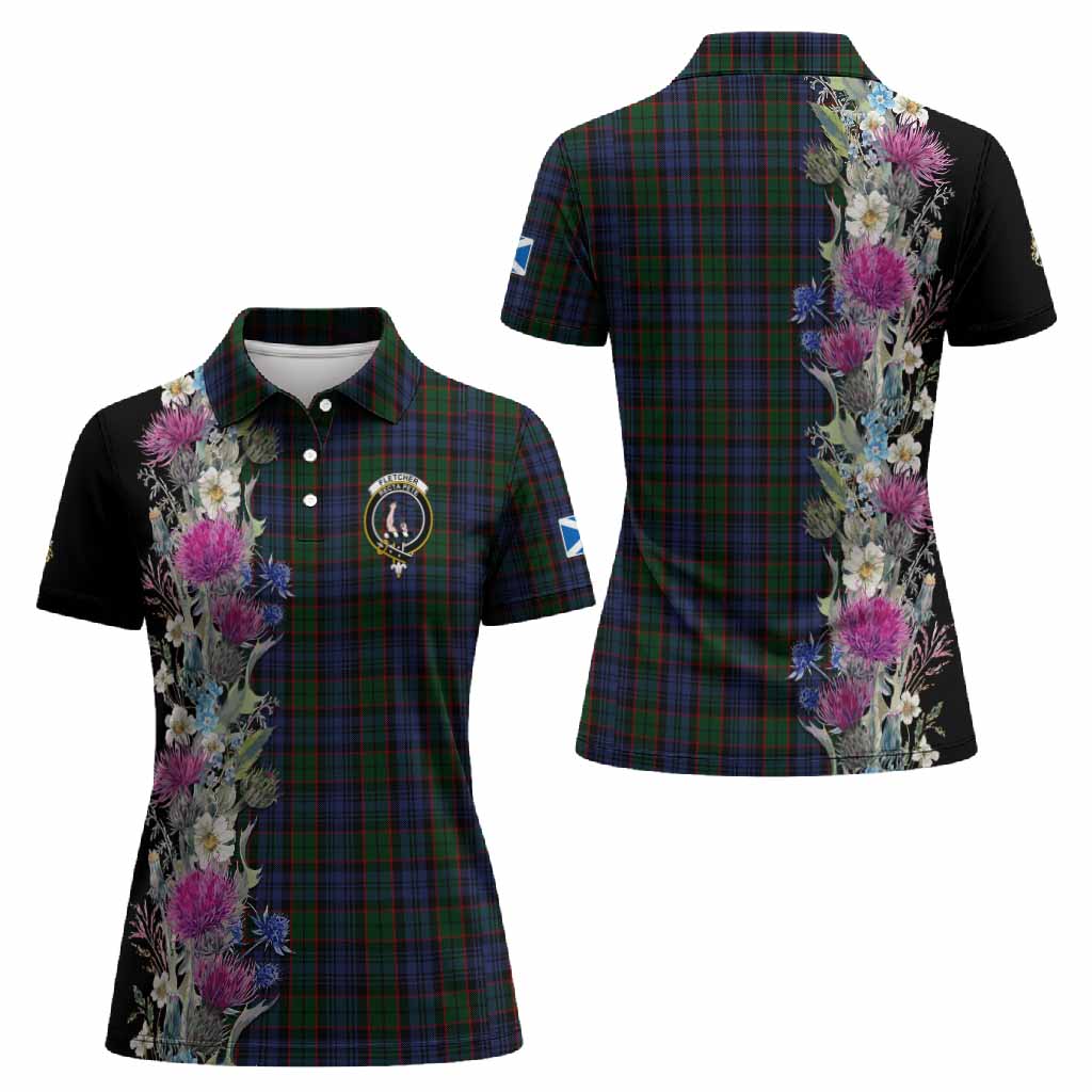 Fletcher Tartan Crest Thistle Floral Women Polo Shirt