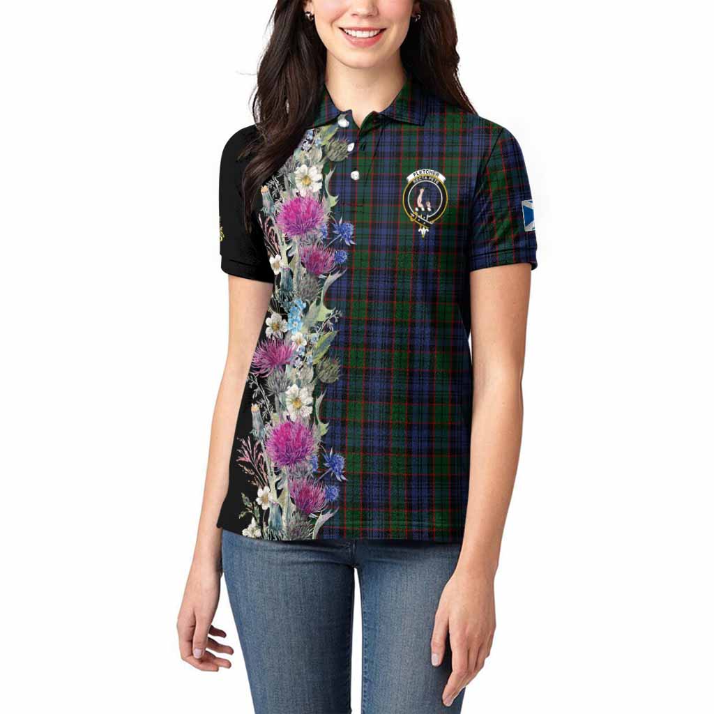 Fletcher Tartan Crest Thistle Floral Women Polo Shirt