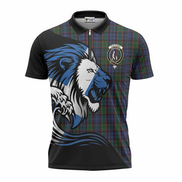 Fletcher Tartan Crest Zipper Polo Shirt Scottish Golden Lions Wave Flow