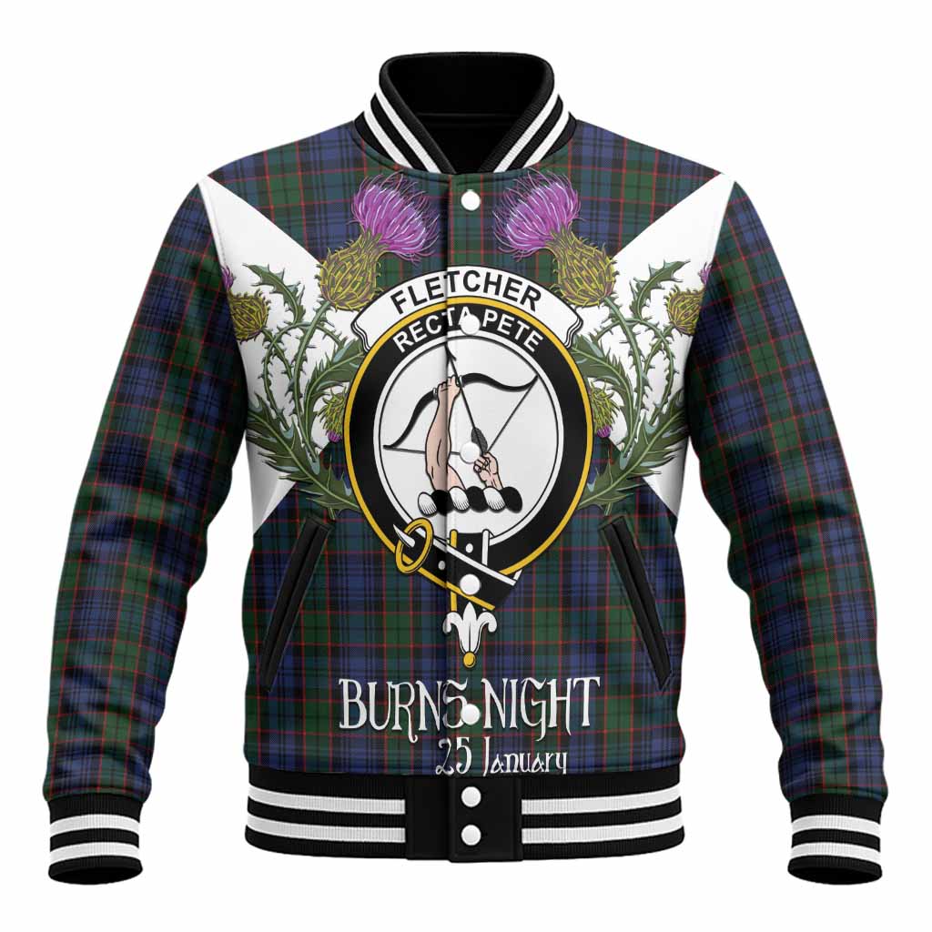 Fletcher Tartan Family Crest Baseball Jacket Scottish Burns Night Thistle Floral