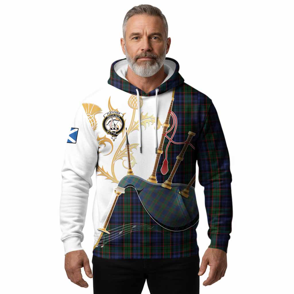 Fletcher Tartan Family Crest Hoodie Bagpipes with Scottish Thistle